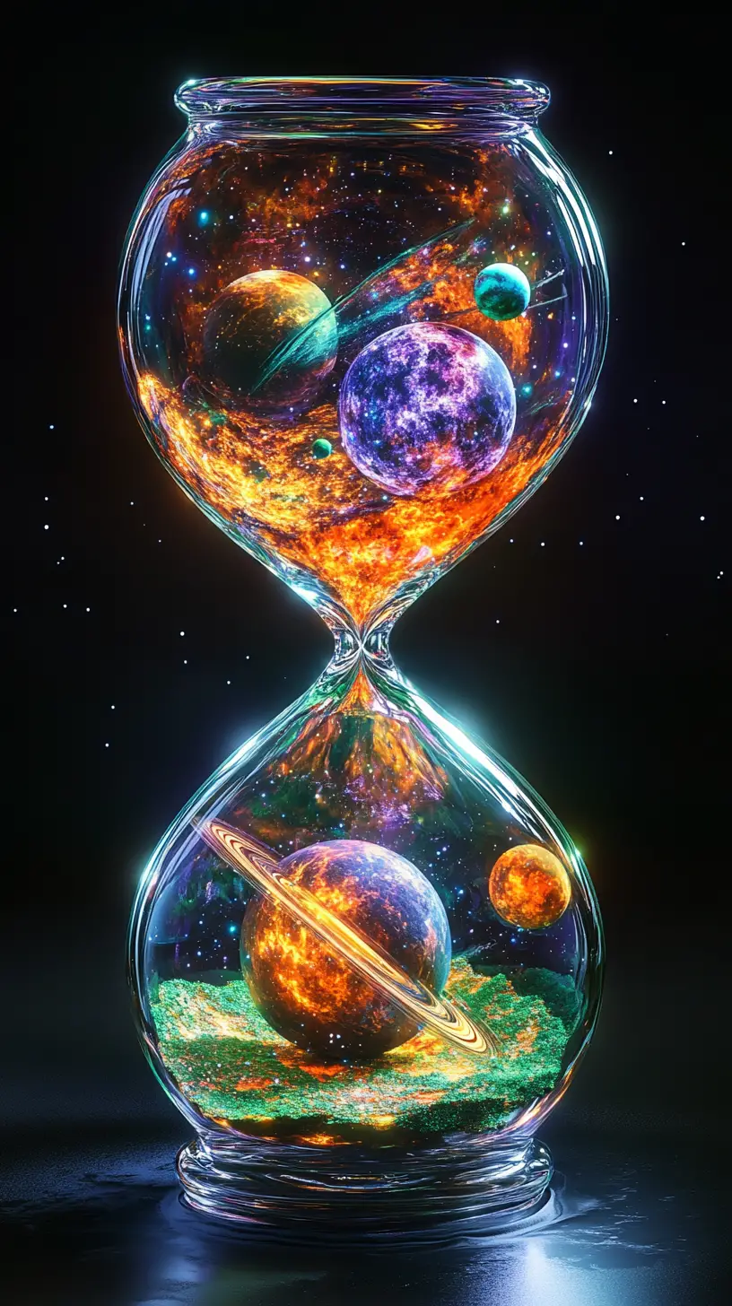 Clessidra di vetro piena di mini universi cosmici luminosi