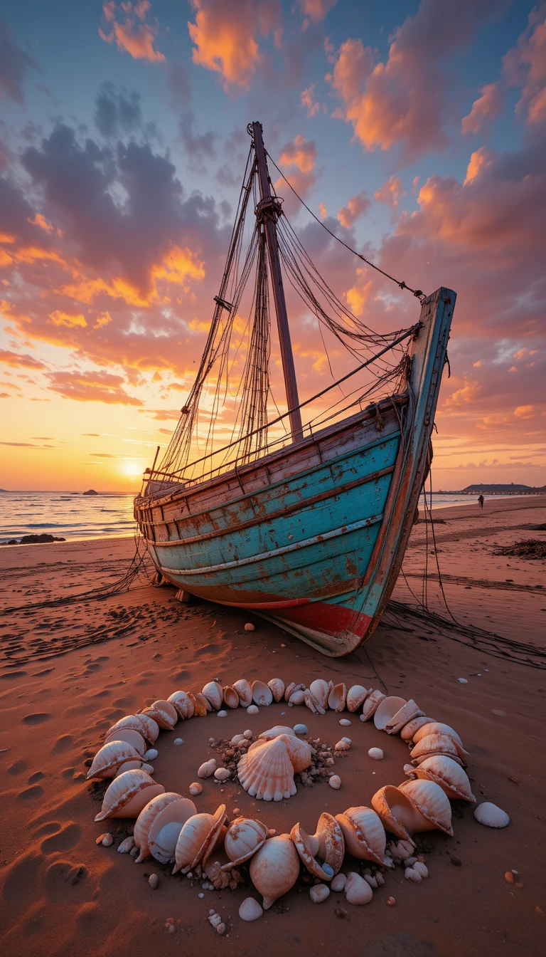Barco de pesca envelhecido na praia ao pôr do sol radiante