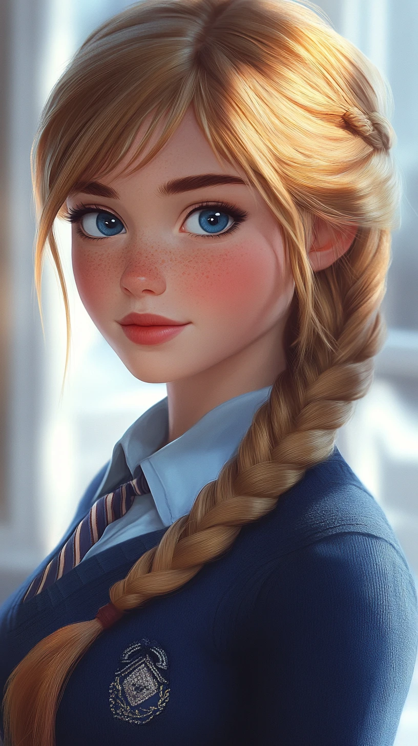 Blonde schoolgirl portrait with soft blue fairy tale glow