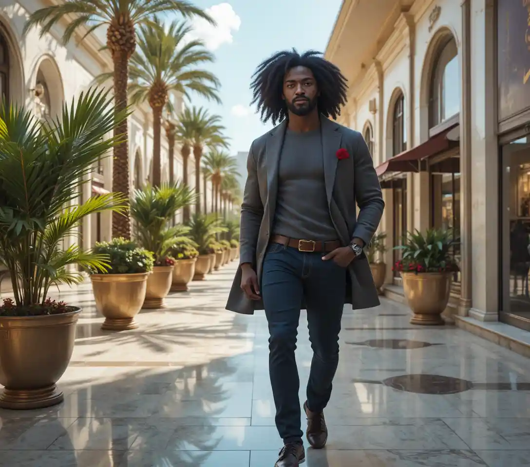 Confident stylish king walking in luxury outdoor plaza