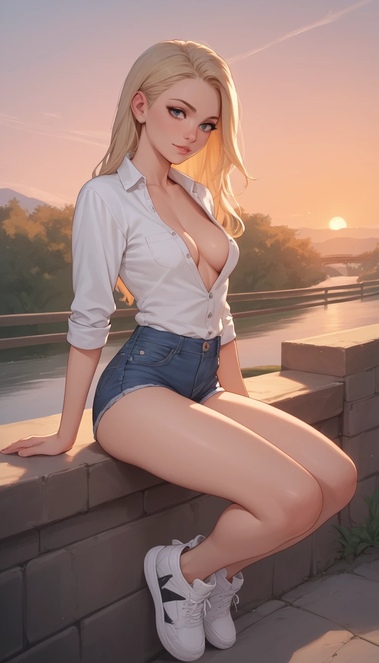 Ragazza anime bionda sotto un ponte al caldo tramonto
