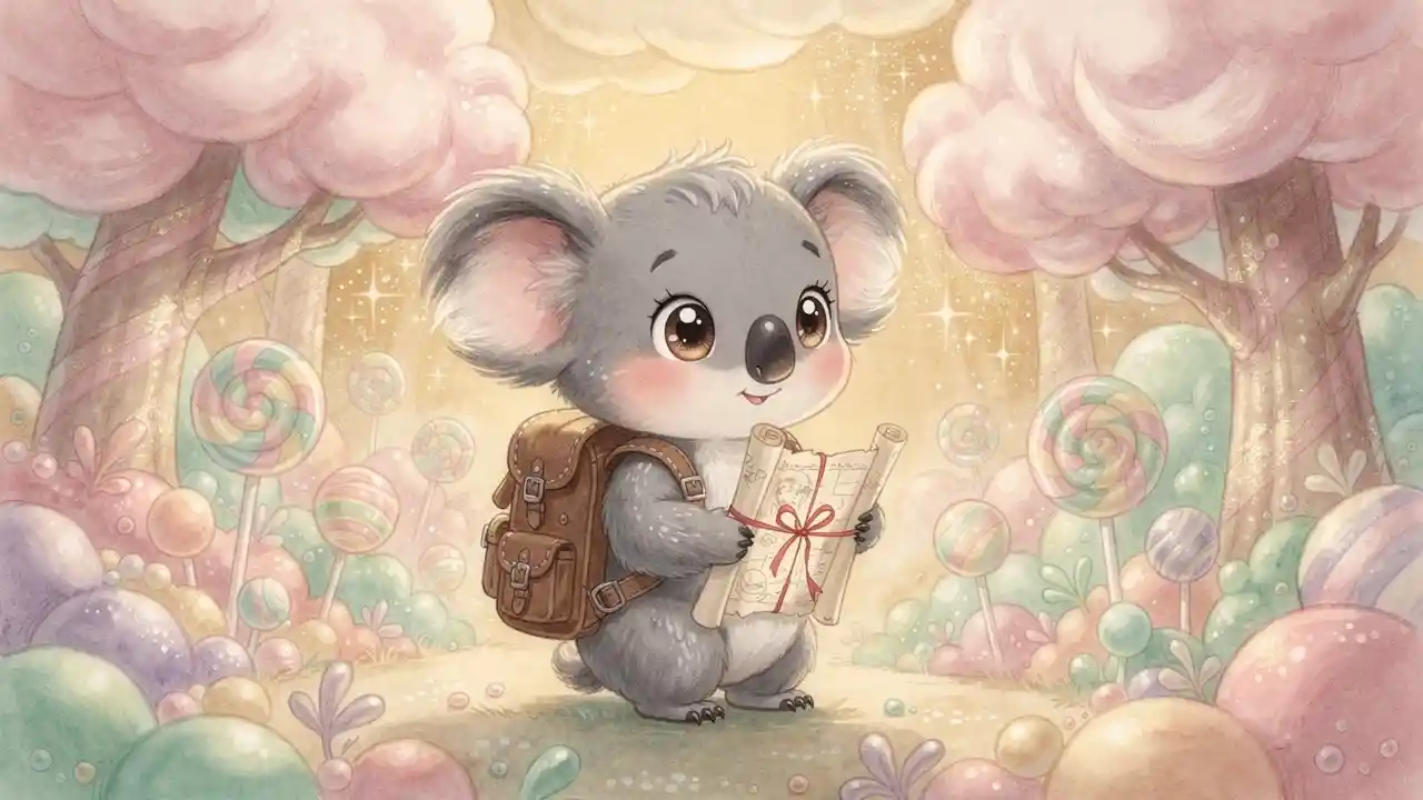 Baby koala explorer in a magical candy forest