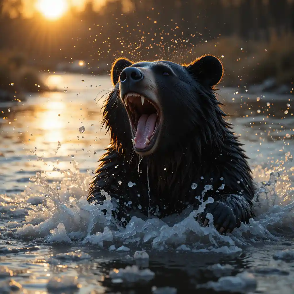 Urso‑negro bocejando e brincando na água em um rio ao pôr do sol