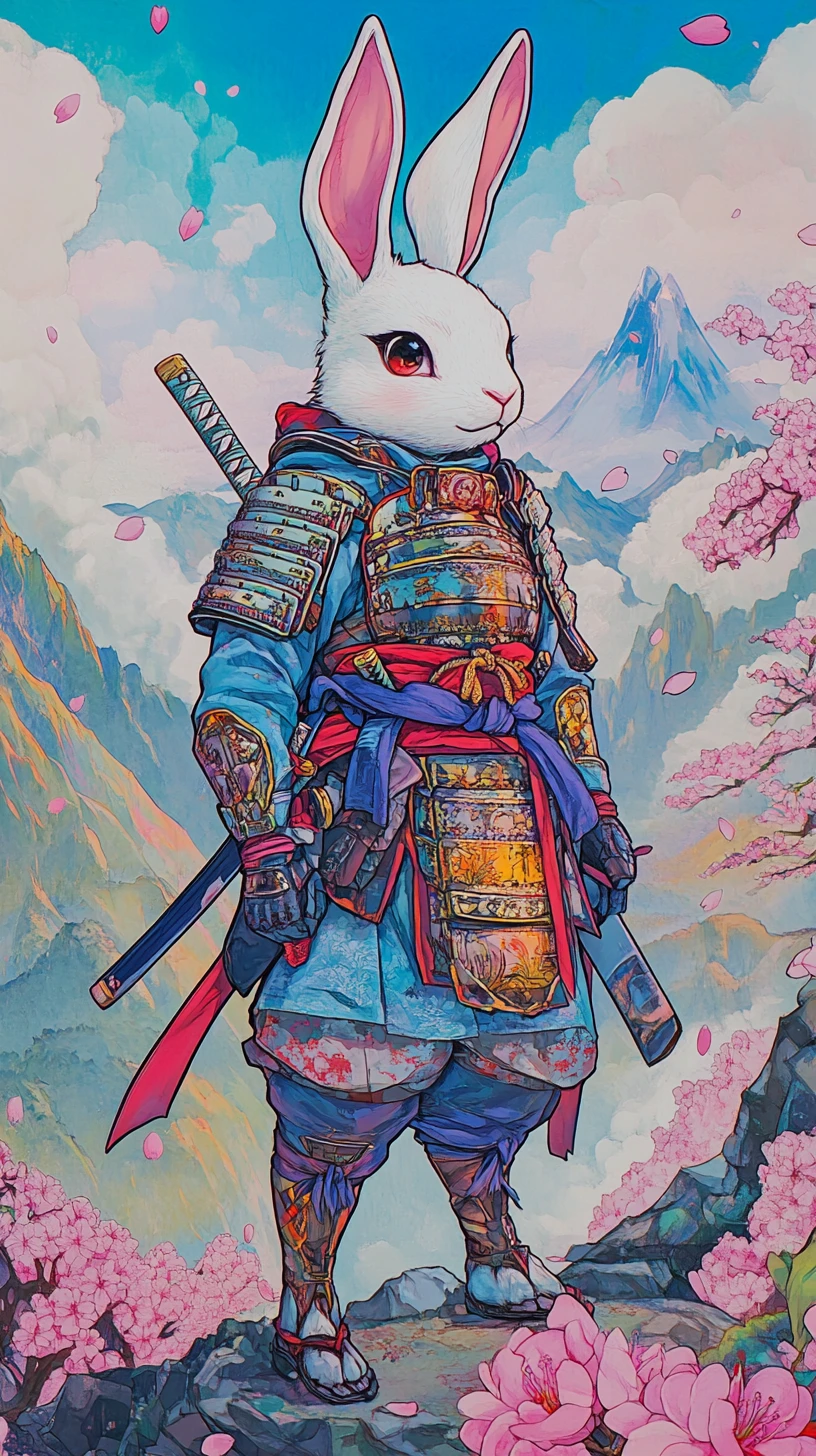 Jovem garota coelha samurai nas montanhas de cerejeiras