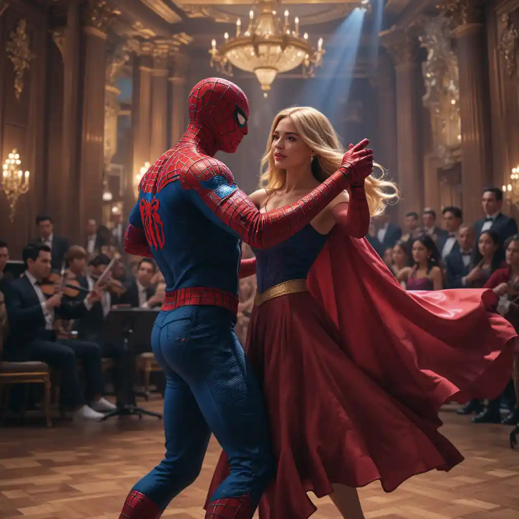 Héroe con temática de araña bailando con heroína voladora en un salón de baile