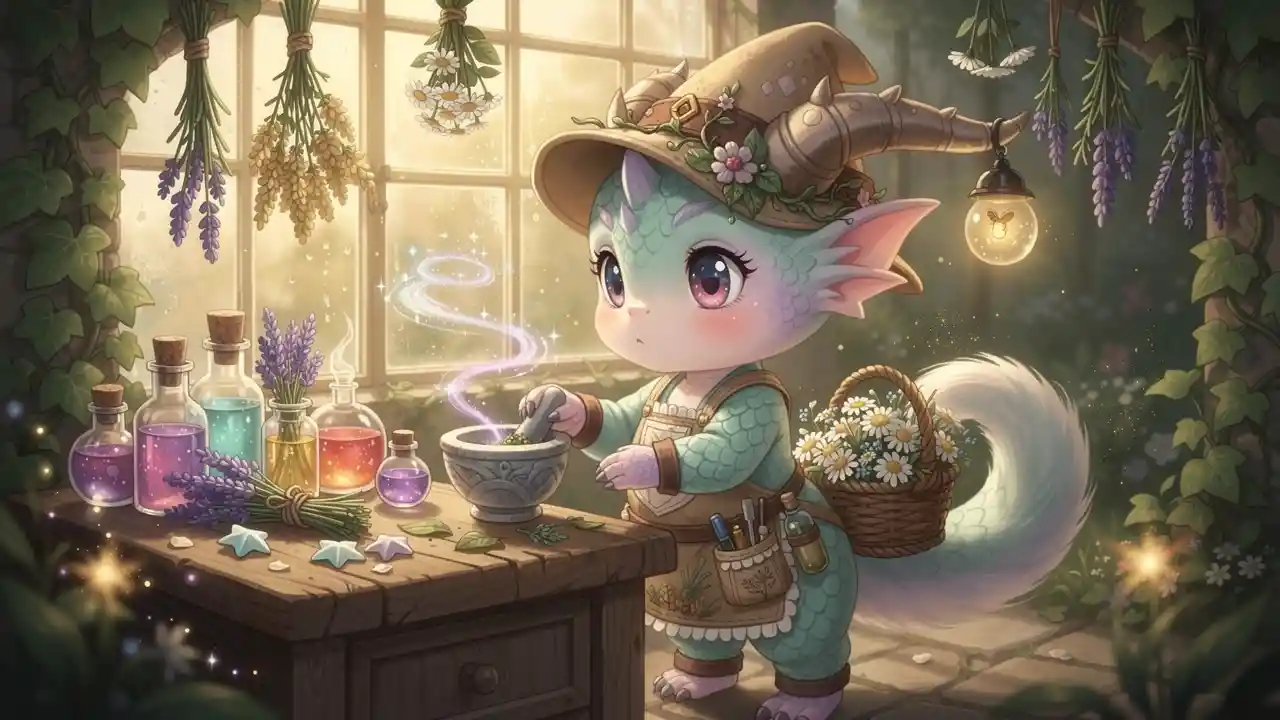 Niedlicher Chibi-Drachen-Kräuterheiler an einem gemütlichen Apothekentisch