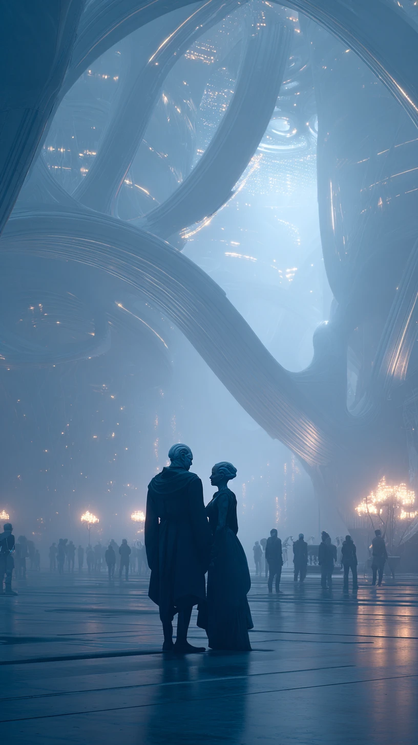 Uomo alieno e donna umana in un padiglione sci-fi avvolto nella nebbia