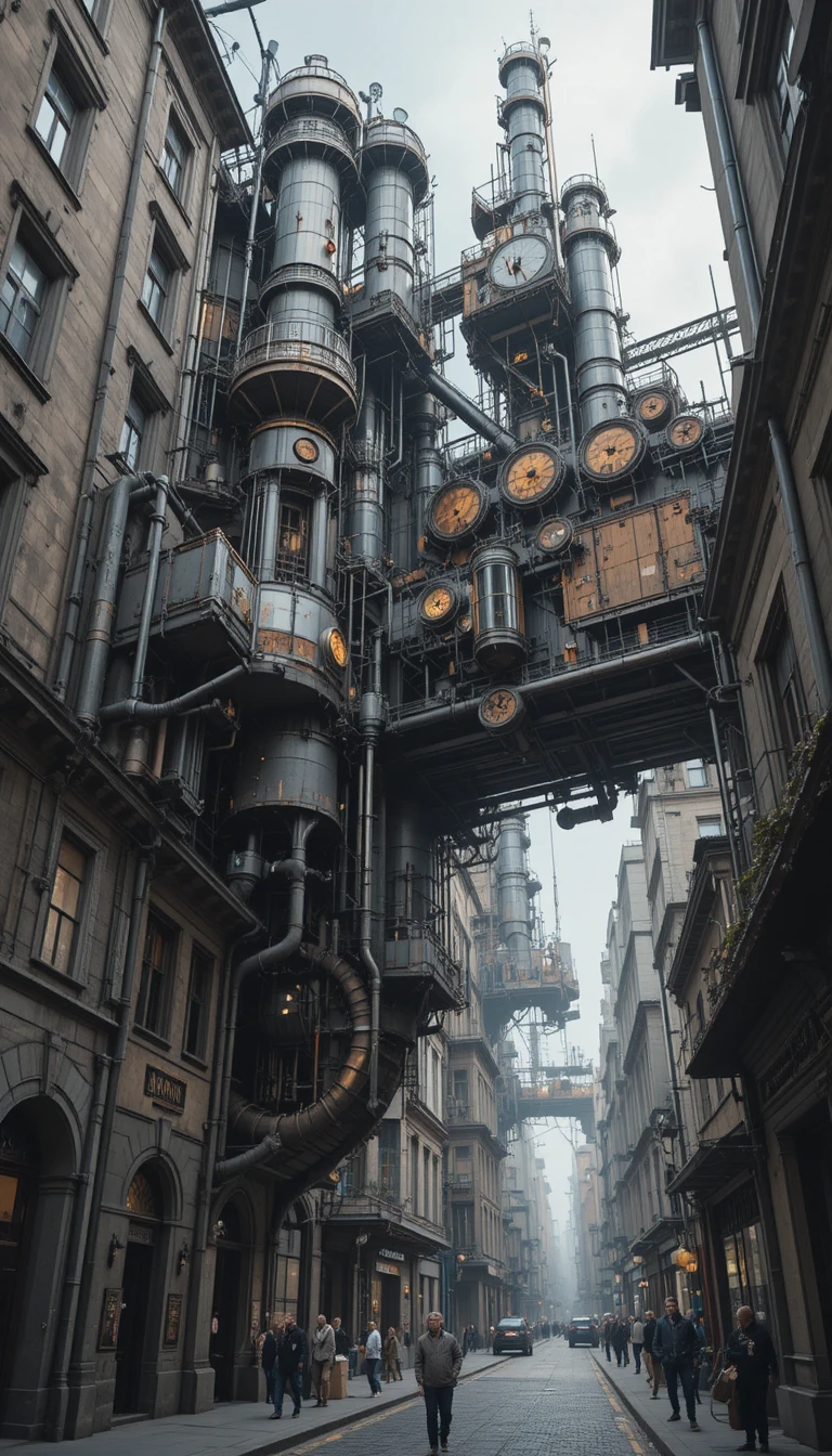 Architettura di città steampunk fusa con strutture meccaniche