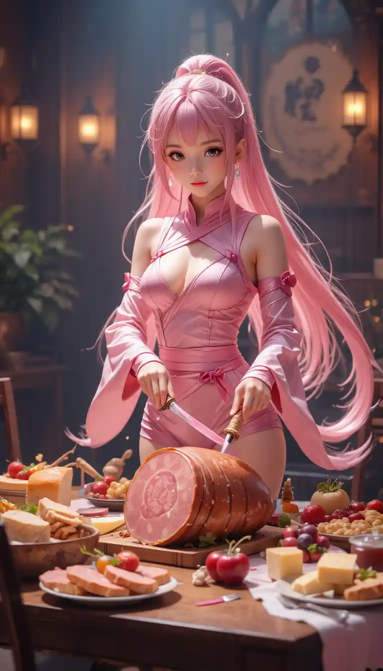 Anime-Ninja-Mädchen schneidet Schinken an einem gemütlichen Esstisch
