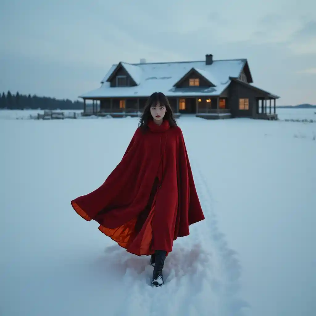 Young woman in red cloak walking through snowy ranch dusk
