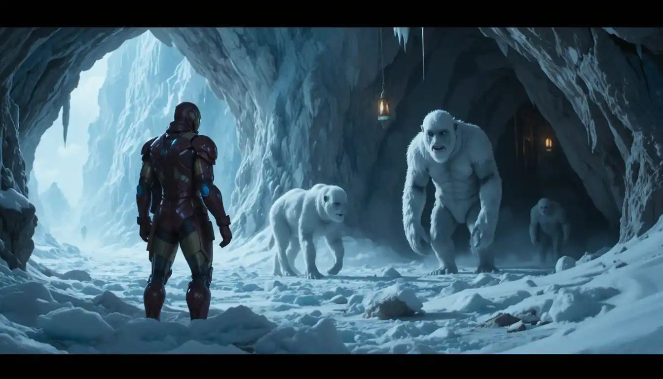 Armored hero facing yetis at the mouth of an ice cave