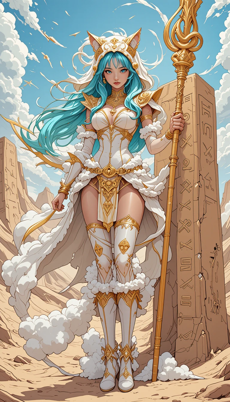 Anime warrior woman bound by glowing cyan battle clouds