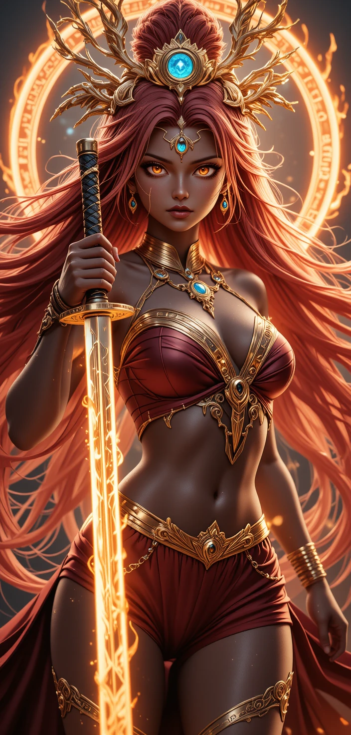 Guerrera de anime con katana brillante en pose de batalla