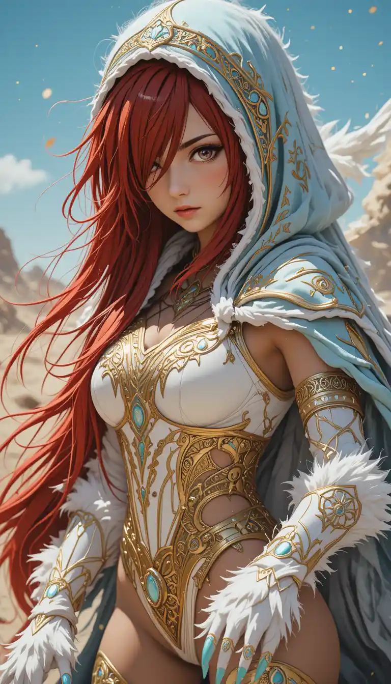Anime warrior woman with runes and flowing crimson hair