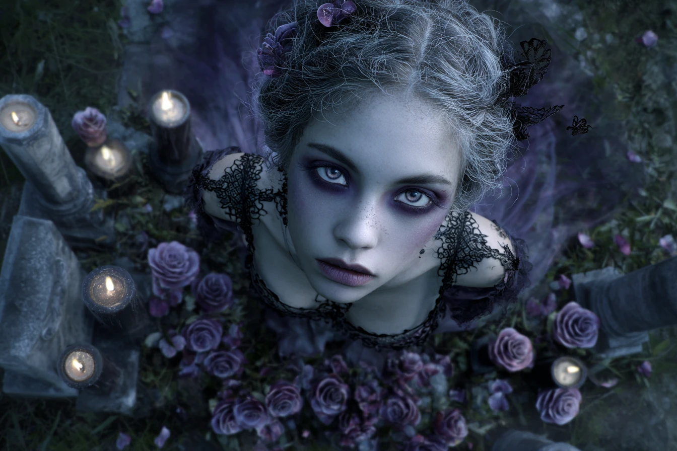Gothic woman kneeling among graveyard candles at night