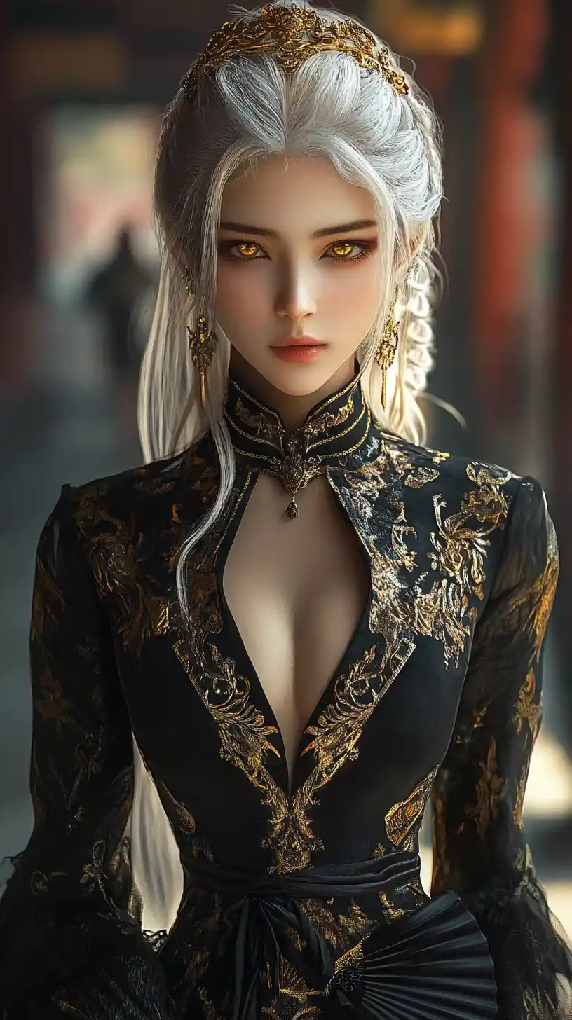 Elegant Asian woman in black and gold evening dress