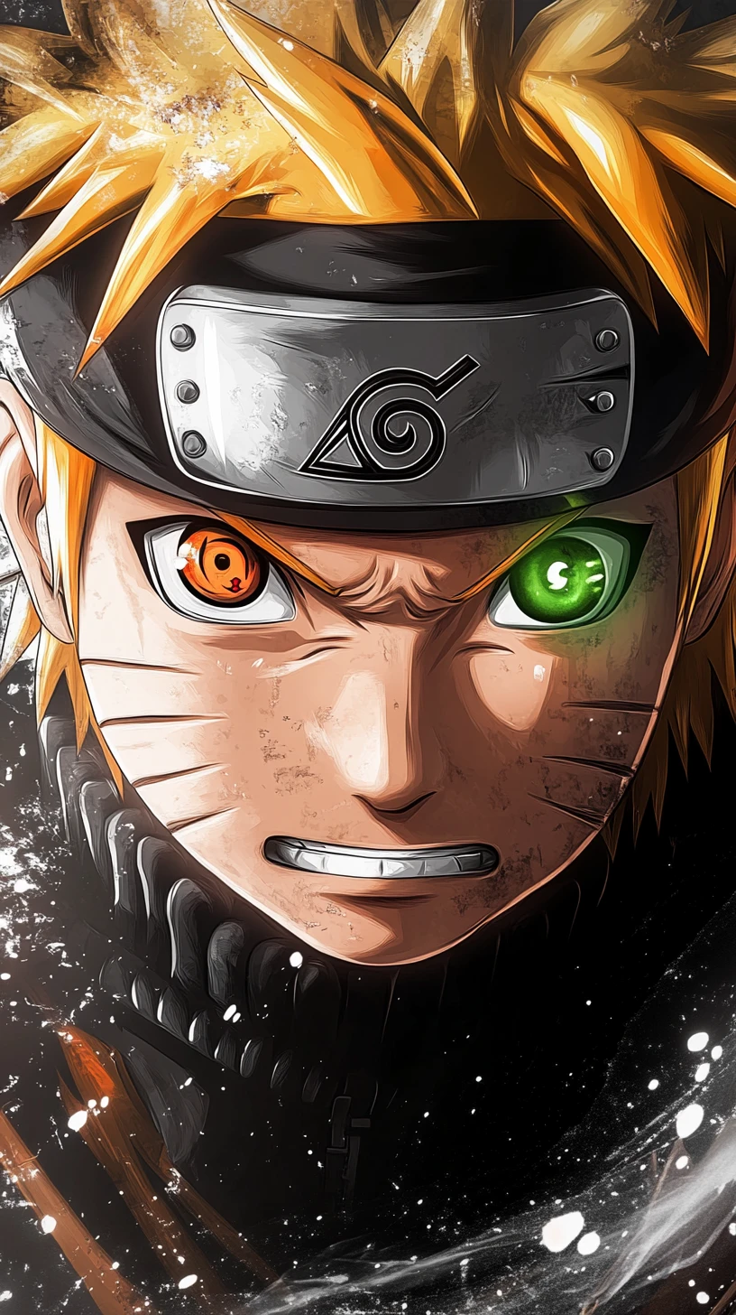 Intense anime boy close up with glowing green eye