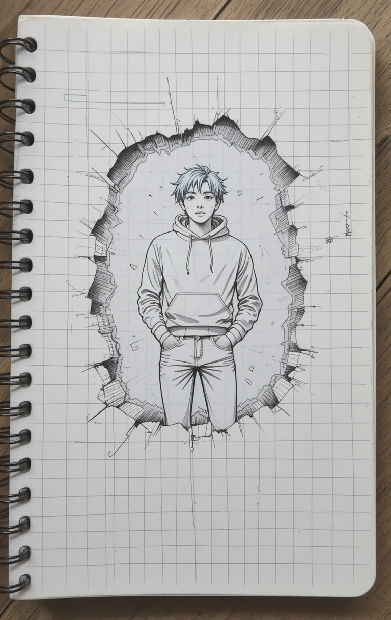 Pencil sketch man bursting through ripped notebook page