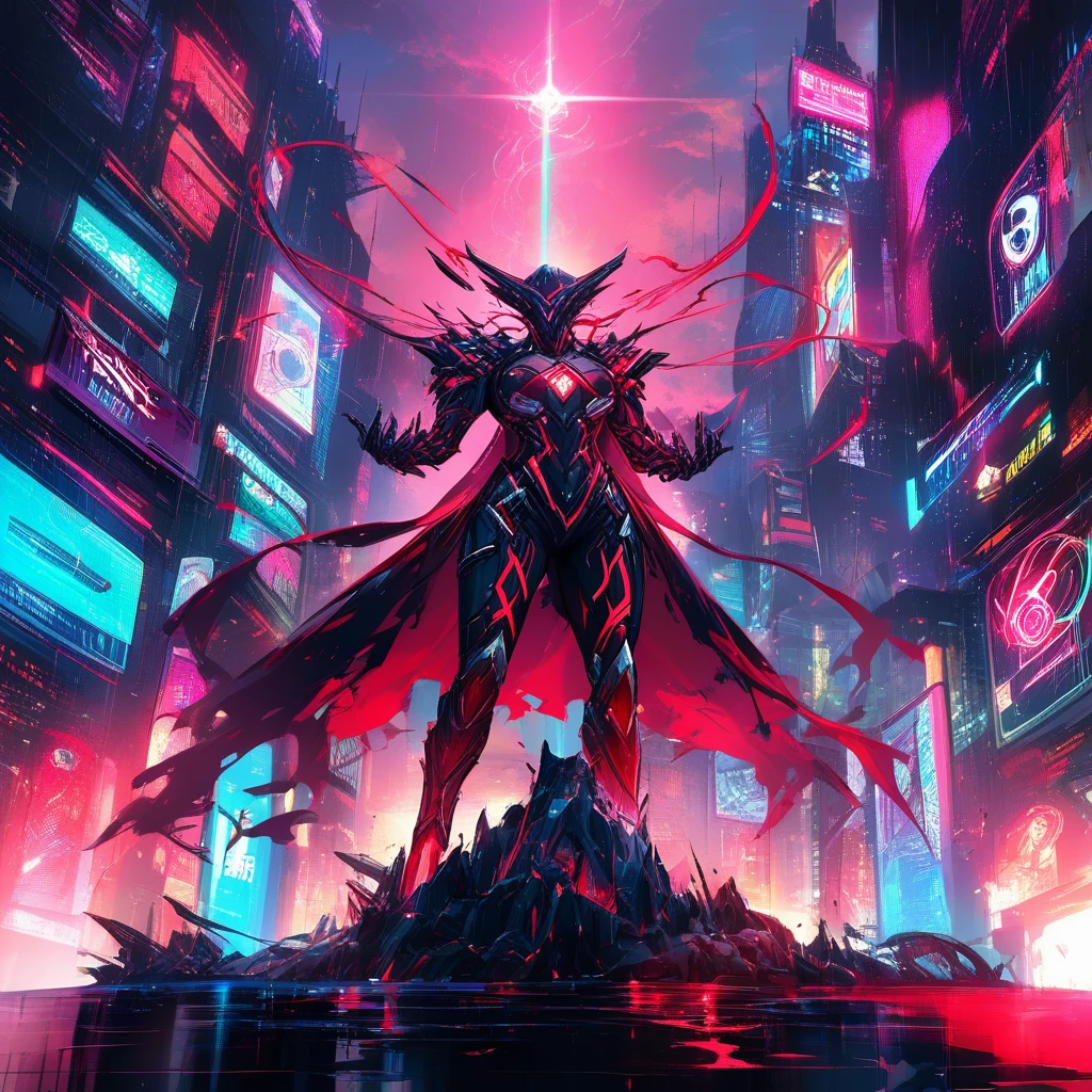Cyberpunk-Blutmagier in nächtlicher Neonstadt
