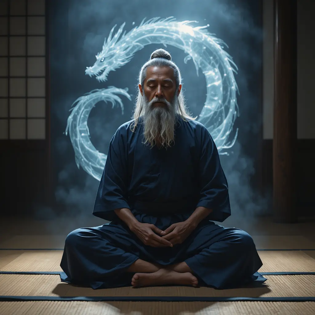 Homme âgé méditant dans une paisible pièce japonaise avec tatami