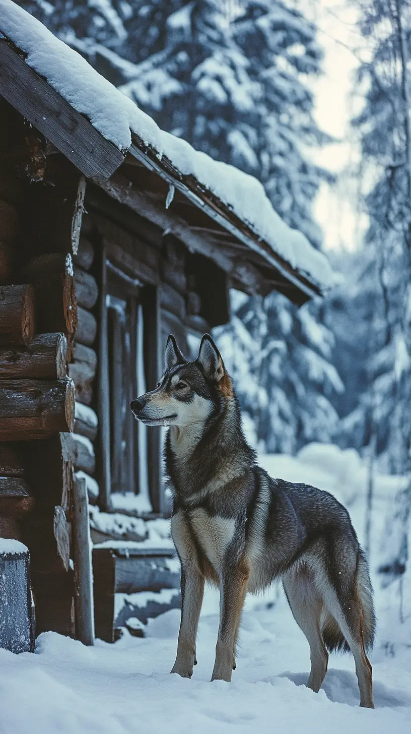 Siberian sled dog guarding a rustic cabin in snow