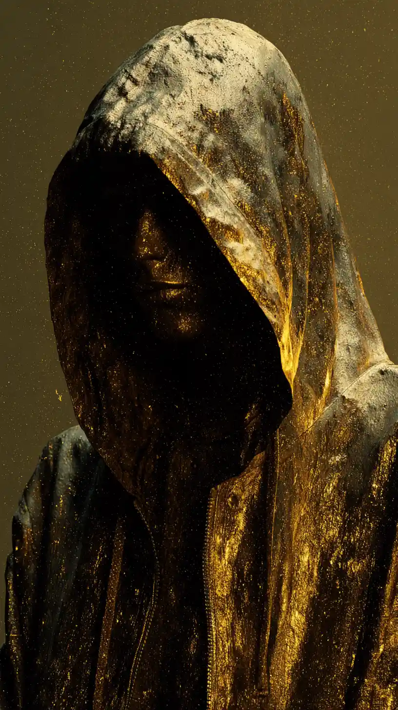 Silhouette brumeuse à capuche dans une rue urbaine sous la pluie