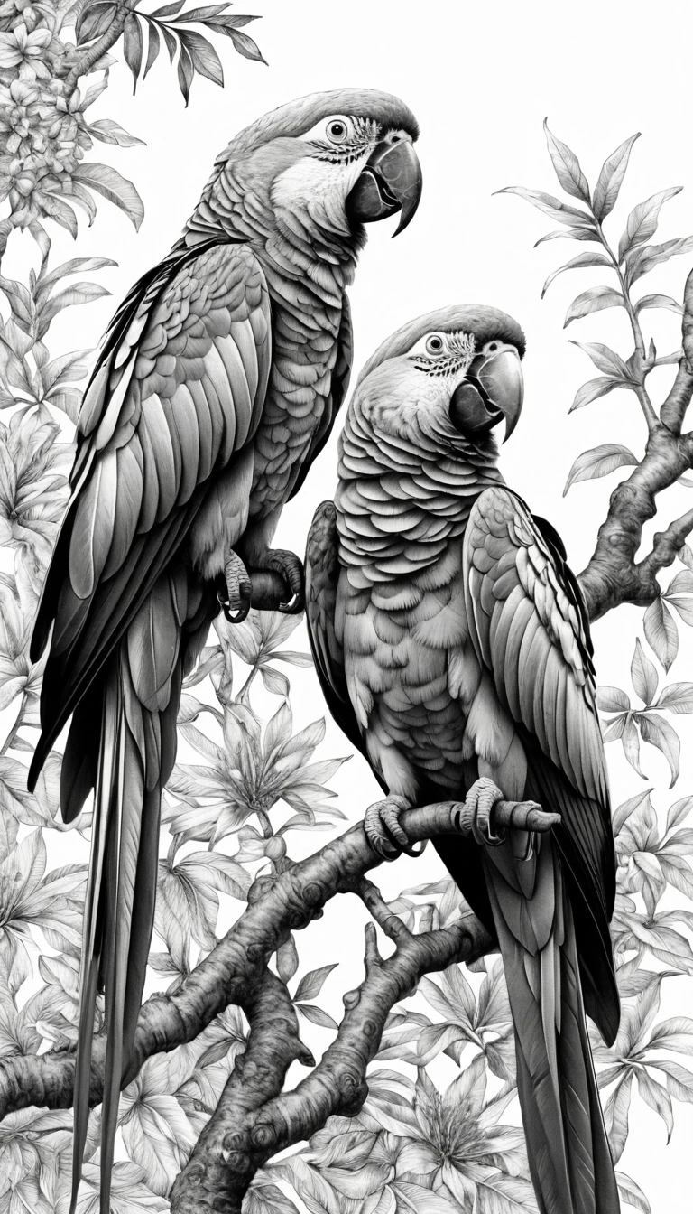 Dessin Illusionniste Complexe de Perroquet à l’Encre Noire et Blanche