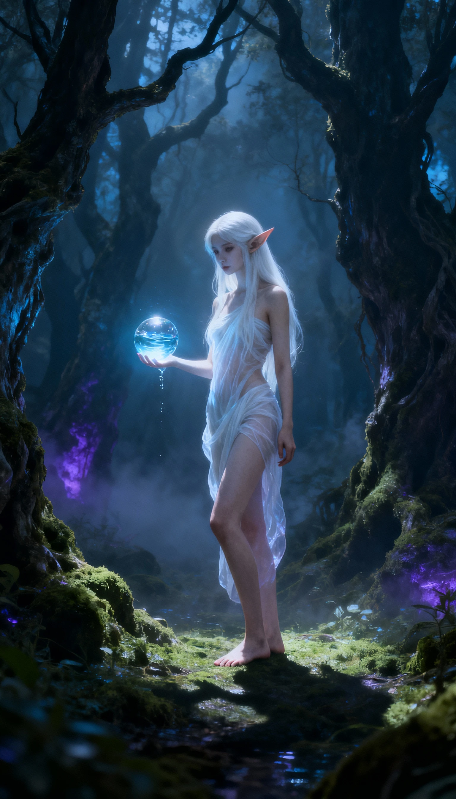 Ragazza elfa con sfera d’acqua luminosa in una foresta mistica