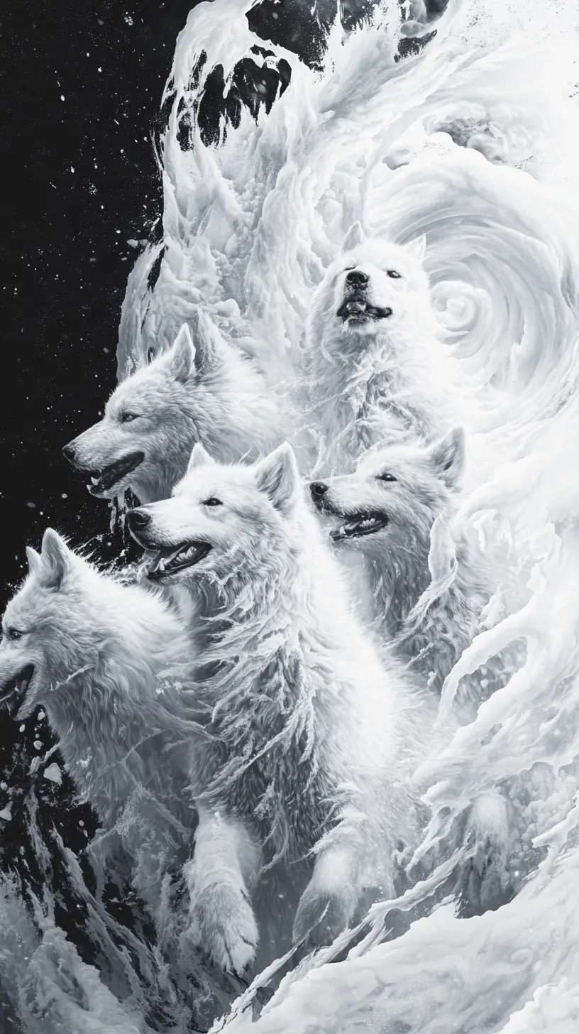 Siberian sled dogs standing together in a raging snowstorm