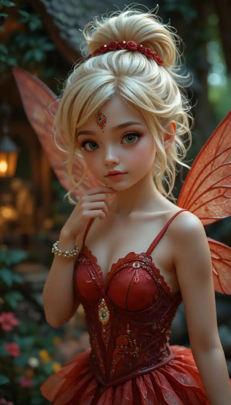 Shy blonde fairy girl in red dress flying by treehouse