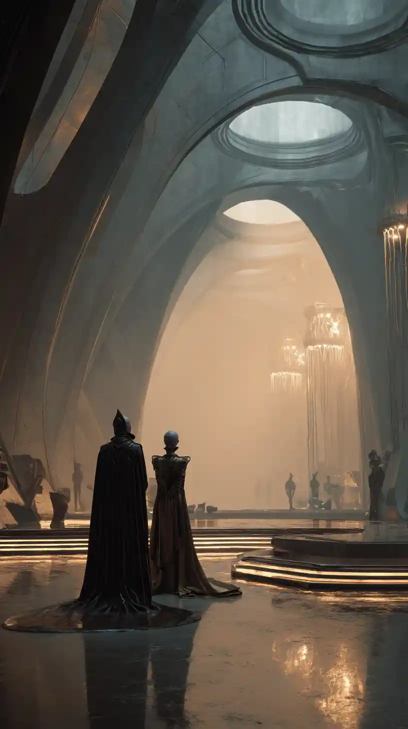 Alien man and human woman in steamy sci fi pavilion