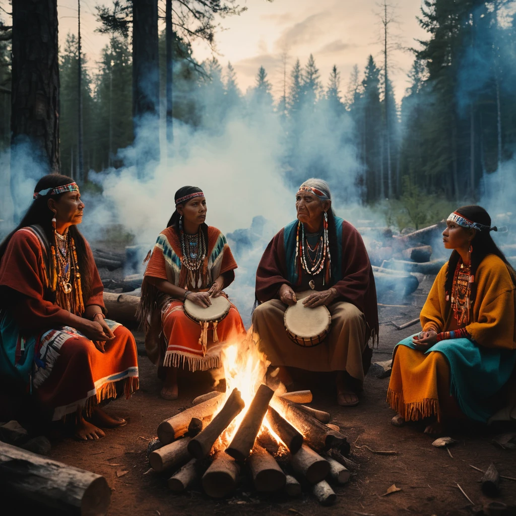 Cerchio rituale dei nativi americani attorno al fuoco in una notte di foresta fumosa