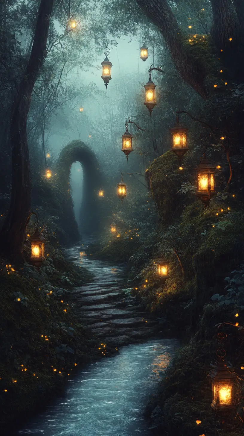 Lantern lit path winding through a misty enchanted forest
