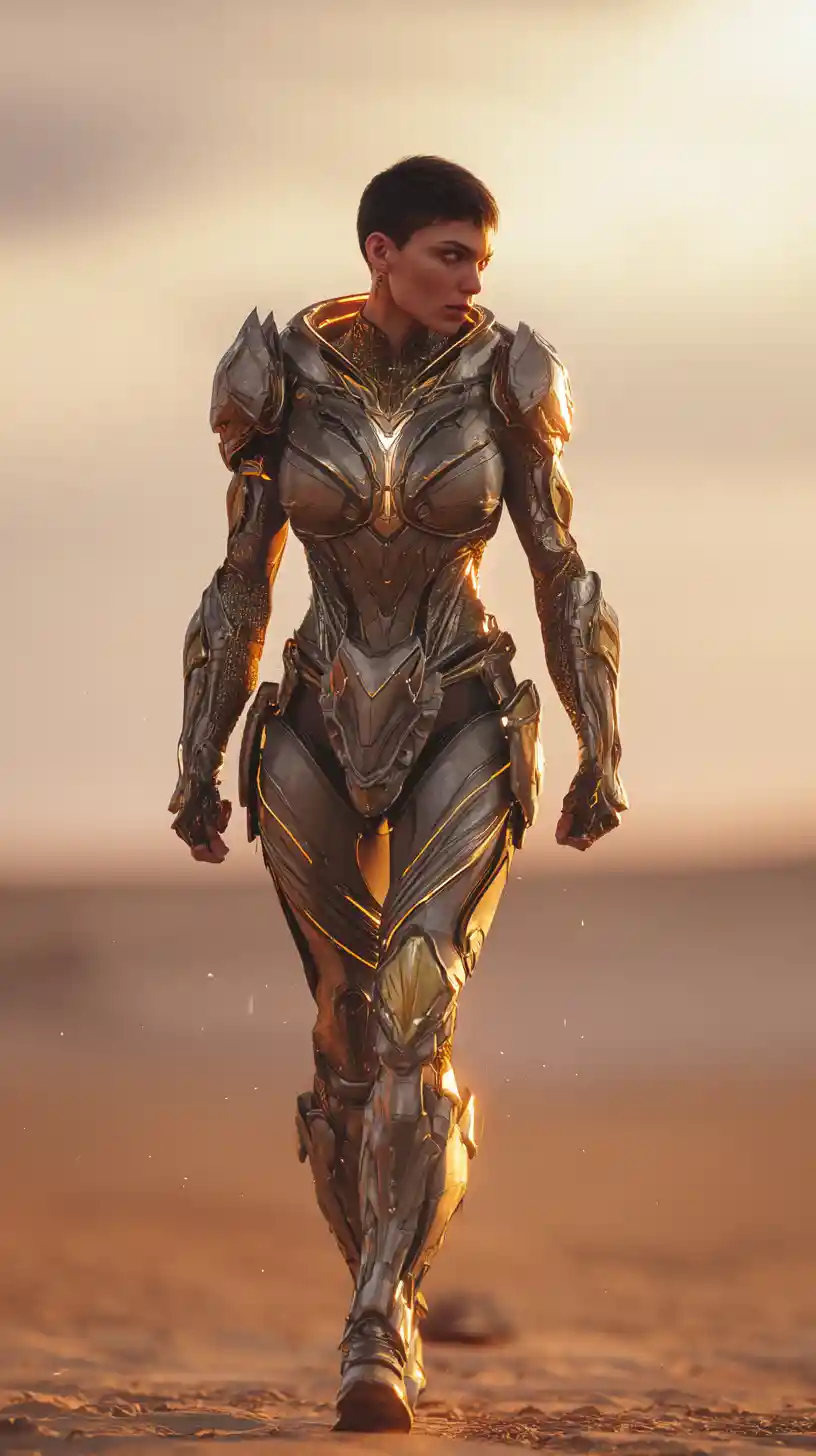 Female warrior posing powerfully in glowing desert dusk
