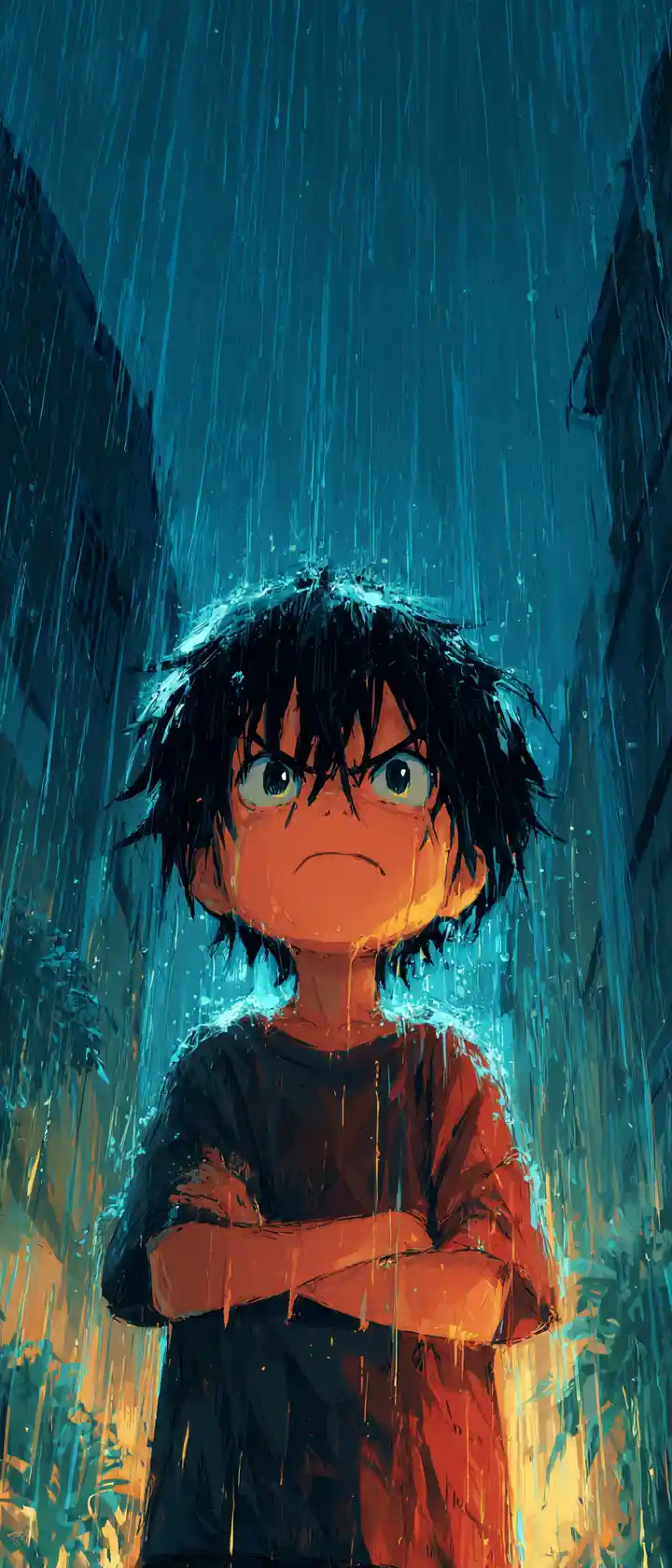 夜雨中在家庭房屋窗外的憤怒男孩