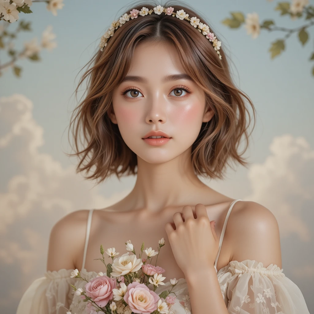Young woman with floral headband in dreamy close portrait