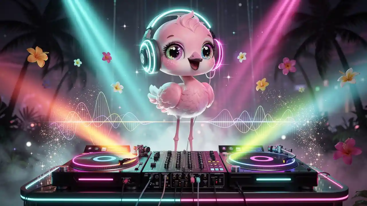 Fofo DJ flamingo 3D em uma balada tropical neon
