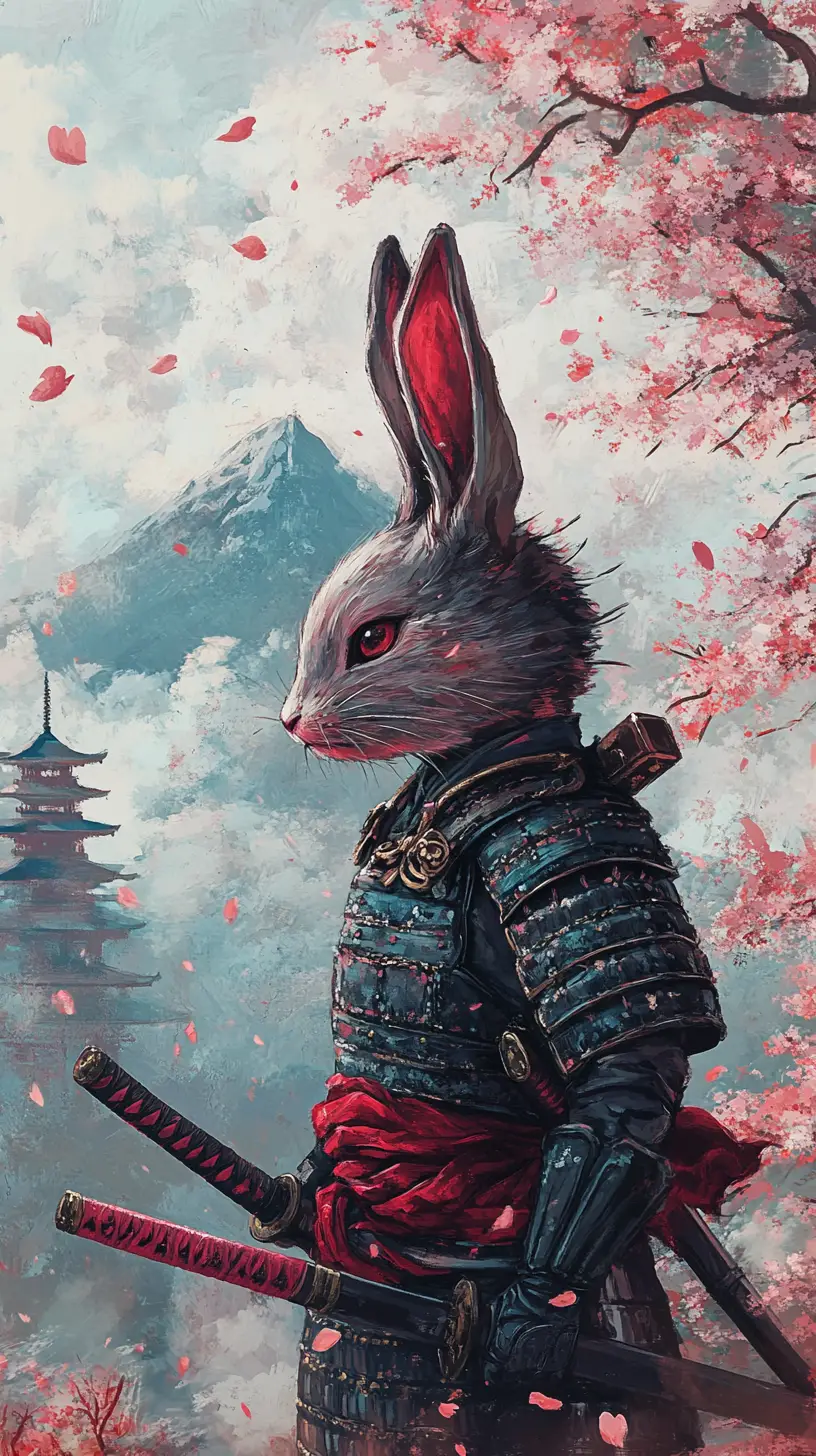 Young rabbit samurai girl beside katana in blossoms