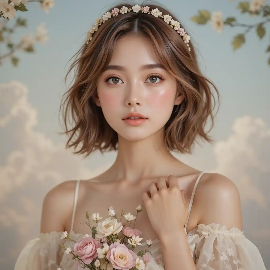 Young woman with floral headband in dreamy close portrait