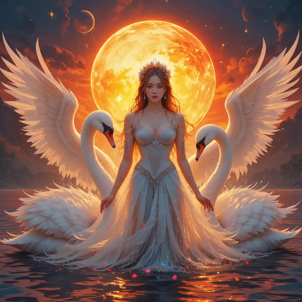 Mulher com cisnes sob um céu de pôr do sol vívido e flamejante