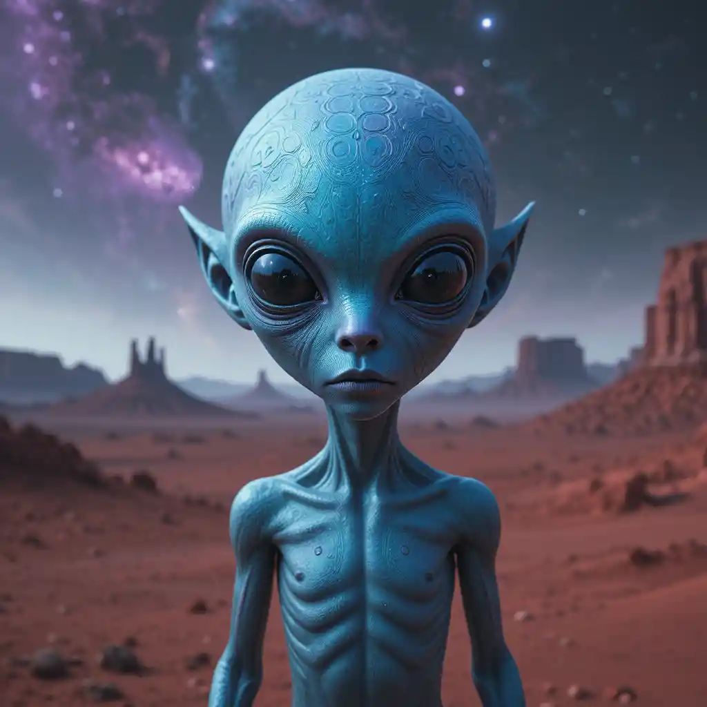 Mystischer blauer Außerirdischer auf einer karmesinroten Alienwelt