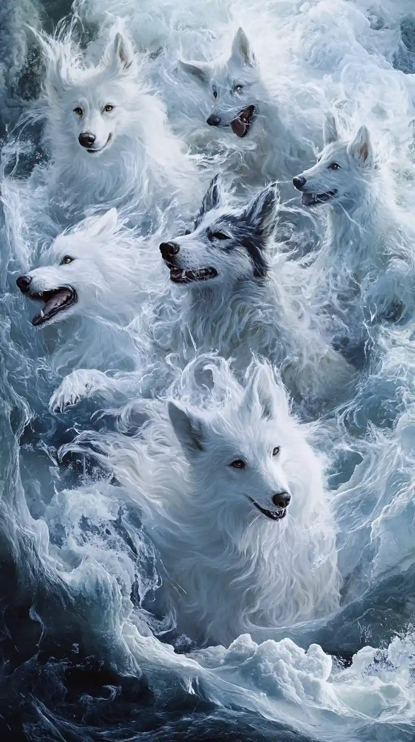 Cães siberianos lado a lado em uma tempestade de neve em turbilhão