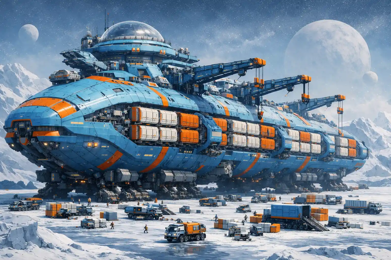 Gigantic cargo spaceship city on a frozen white planet