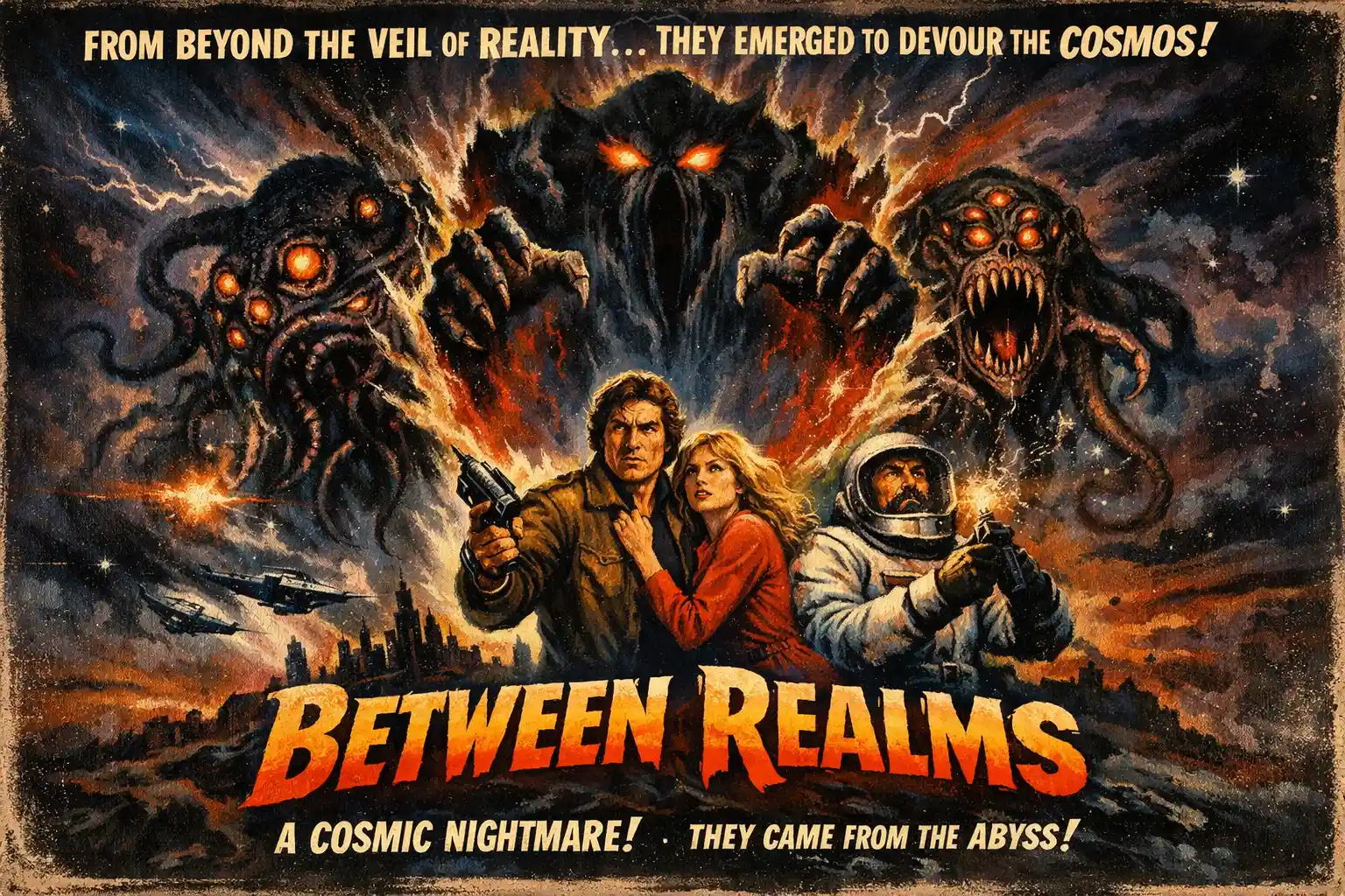Cosmic beings emerging from a torn veil between realms