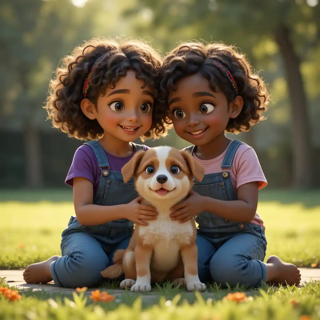 Two young girls playing with a puppy outdoors together