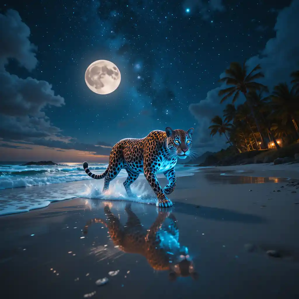 Leopard running along a moonlit bioluminescent beach