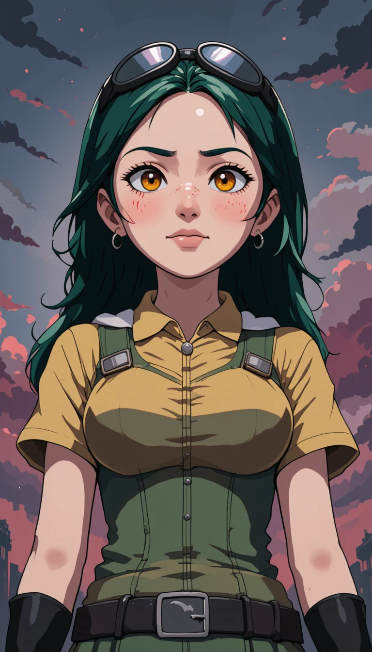 Ragazza anime dai capelli verdi in pixel art sotto un cielo scuro