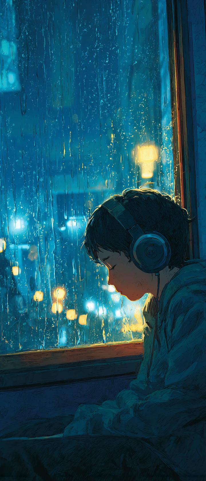 Adolescent dans un train nocturne sous la pluie, perdu dans une silencieuse tristesse