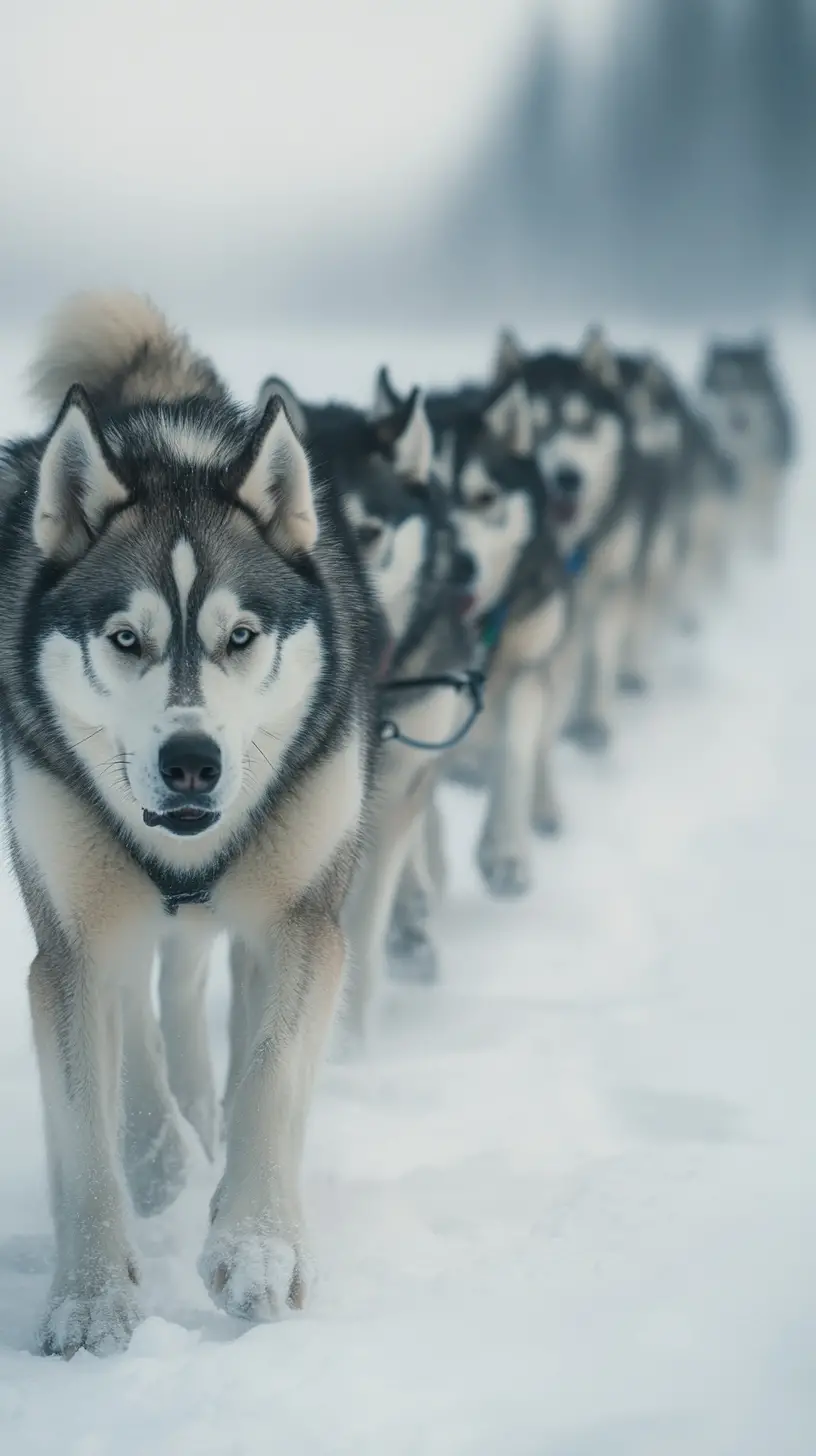 Sled dogs trekking through the harsh Alaskan winter snow