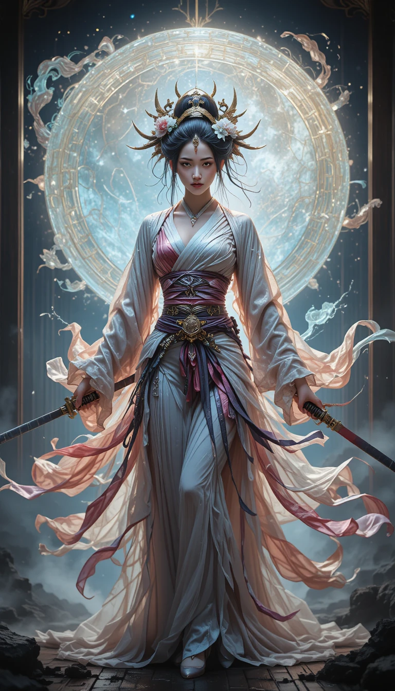 Japanese warrior geisha holding twin katanas in a garden